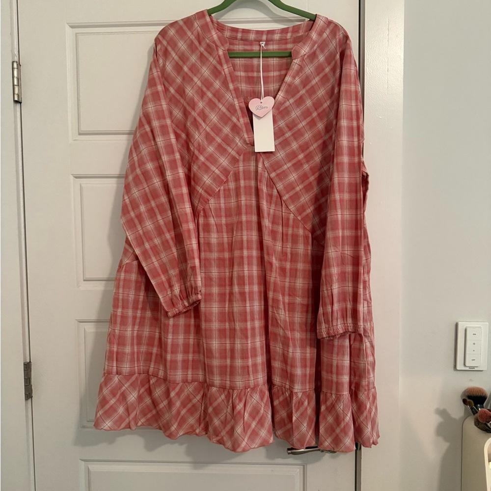 Pink Plaid Ruffle Hem Tunic Dress